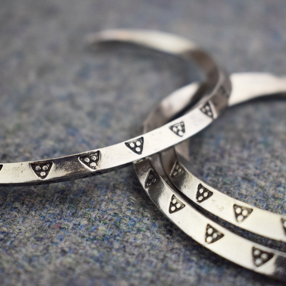 Money Ring Triangle Pattern Pewter Viking Bangle Design Closeup  | Happy Piranha