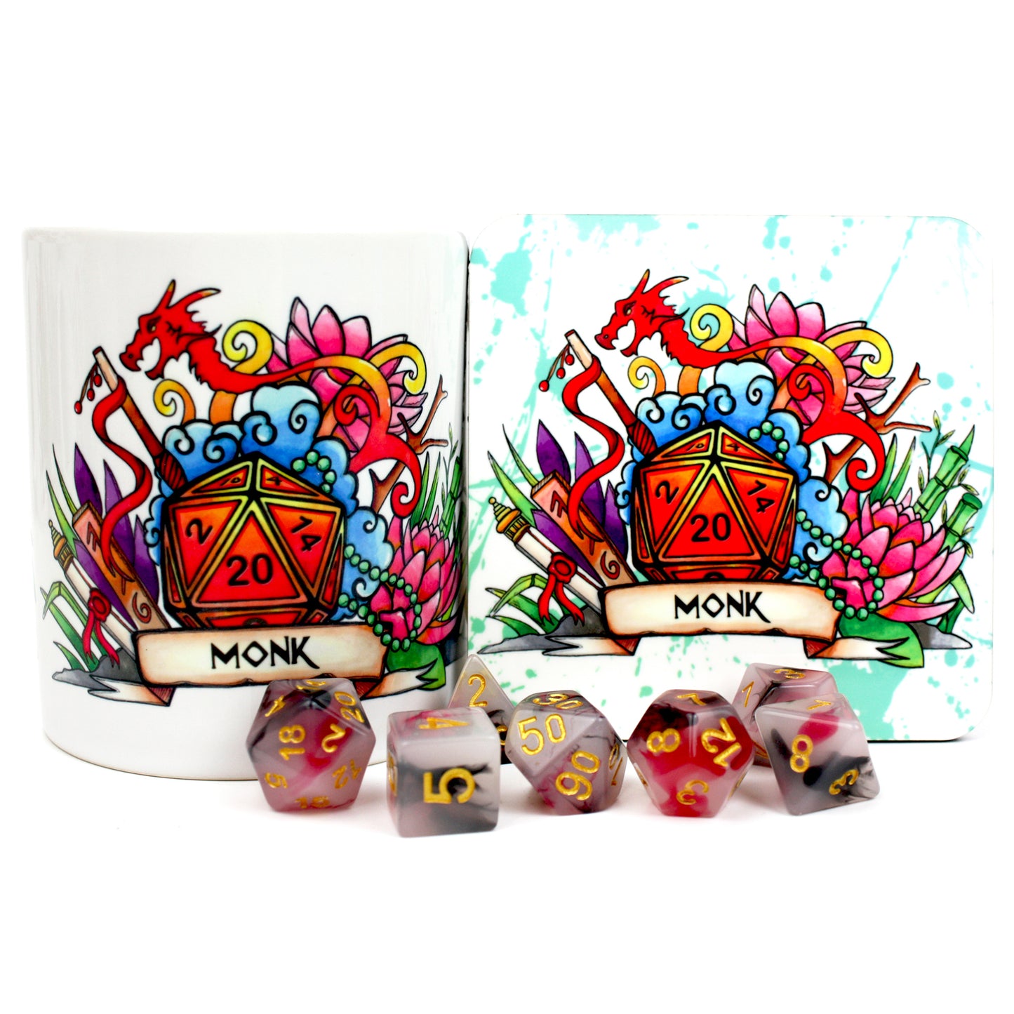 Dungeons and Dragons (DnD) Customisable Class Dice Mug & Coaster Set (Monk) | Happy Piranha