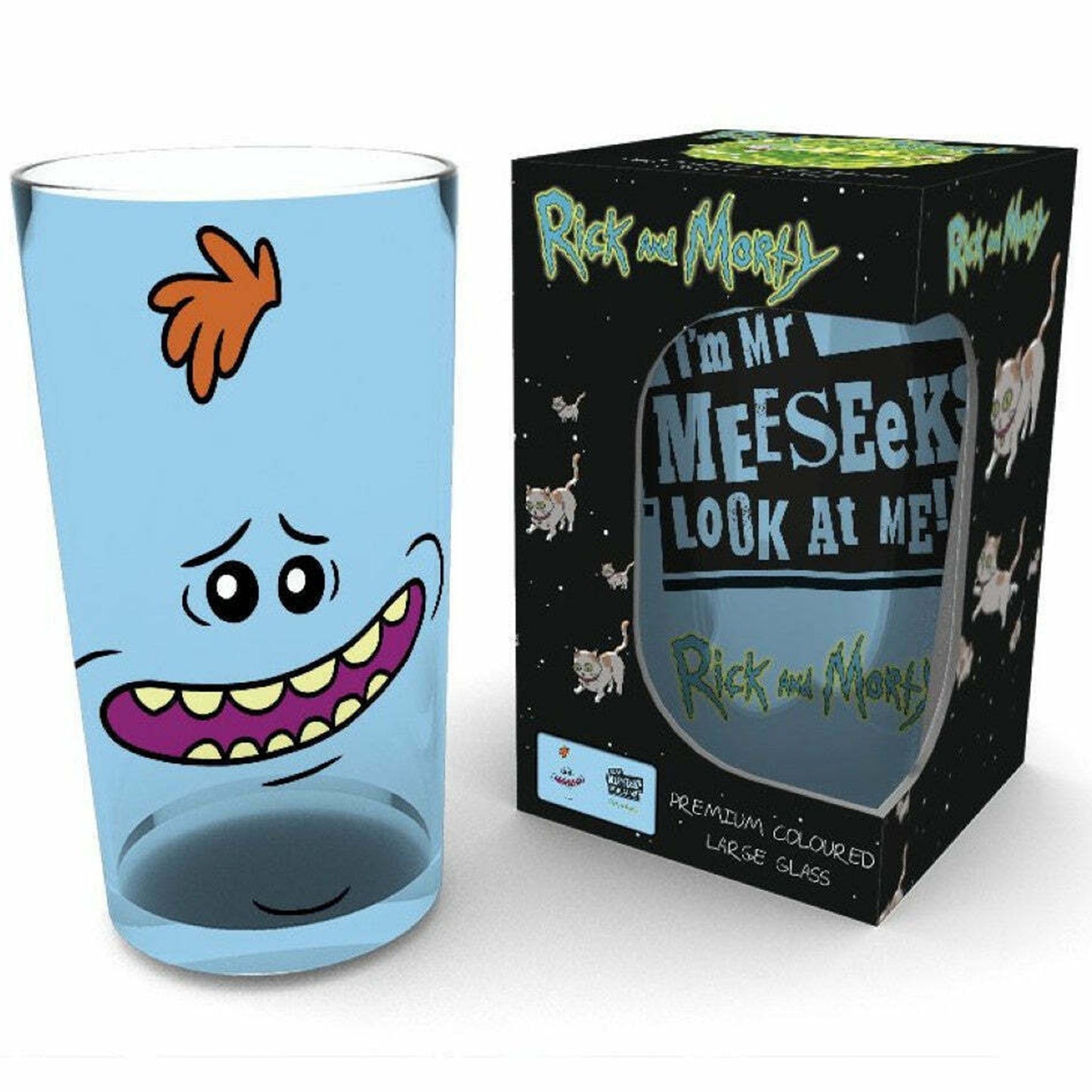 Rick and Morty Mr Meeseeks Drinking Glass in and out of its Packaging | Happy Piranha