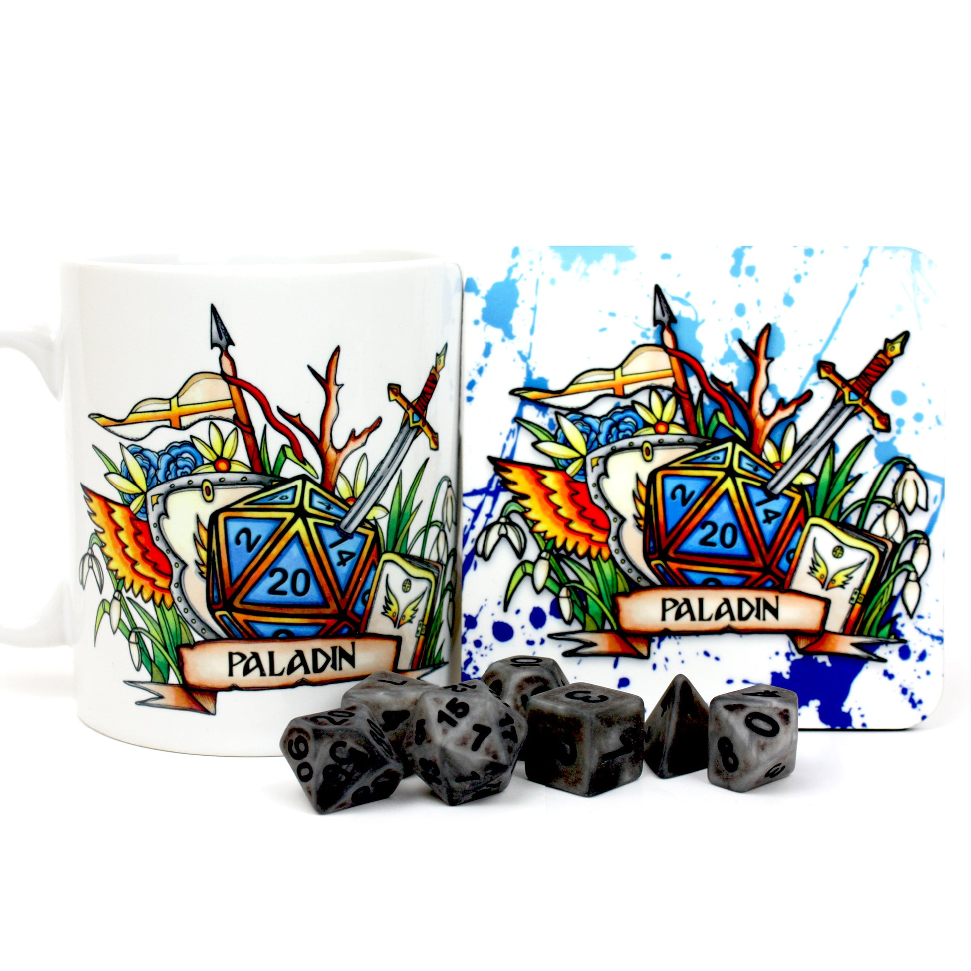 Dungeons and Dragons (DnD) Customisable Class Dice Mug & Coaster Set (Paladin) | Happy Piranha
