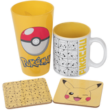 Pikachu Mug, Glass & Coasters Pokémon Drinkware Gift Set Contents | Happy Piranha