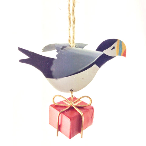 Flying Puffin With a Gift: Hanging Christmas Decoration | Happy Piranha