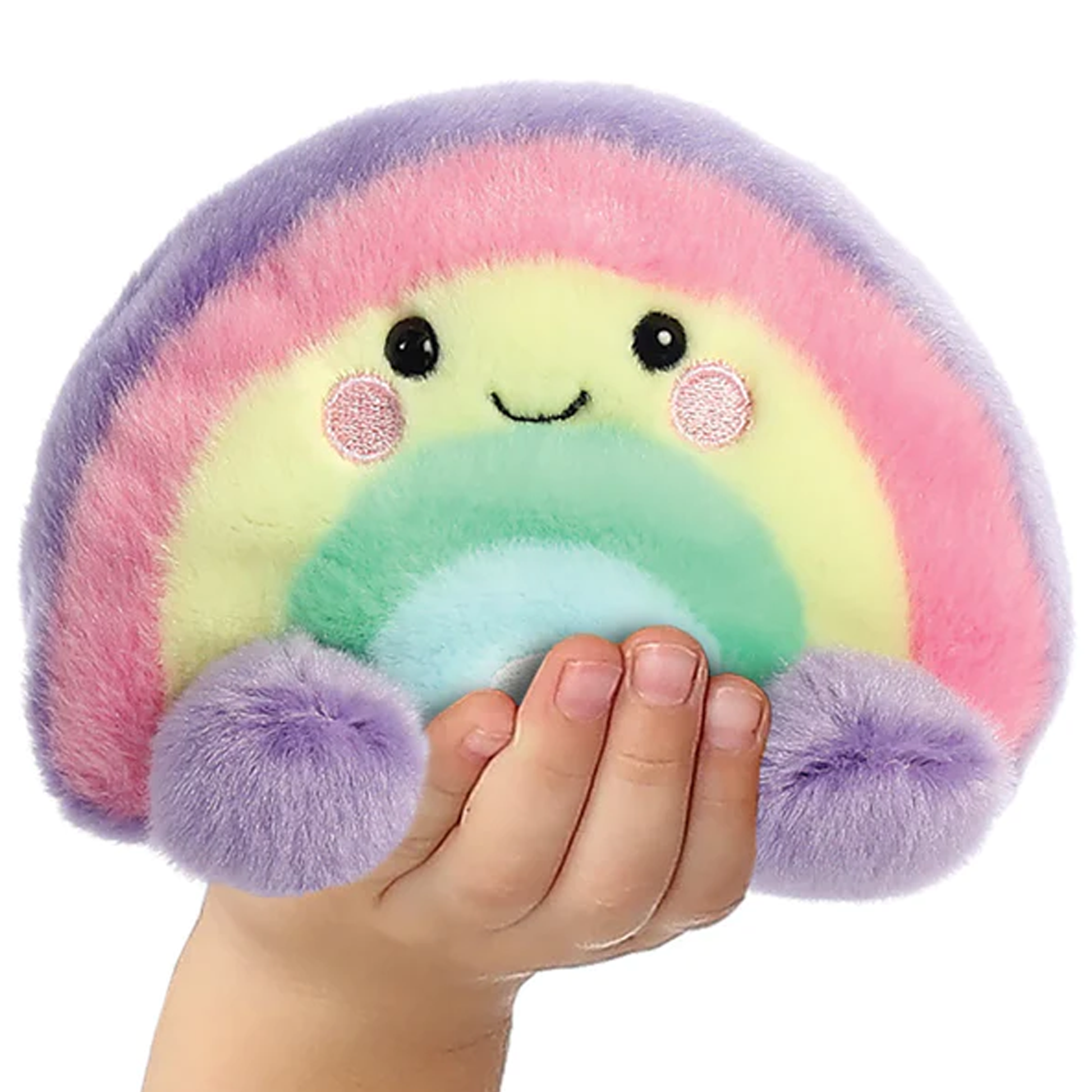 Rosie the Rainbow Palm Pal Soft Toy in a Person's Hand | Happy Piranha