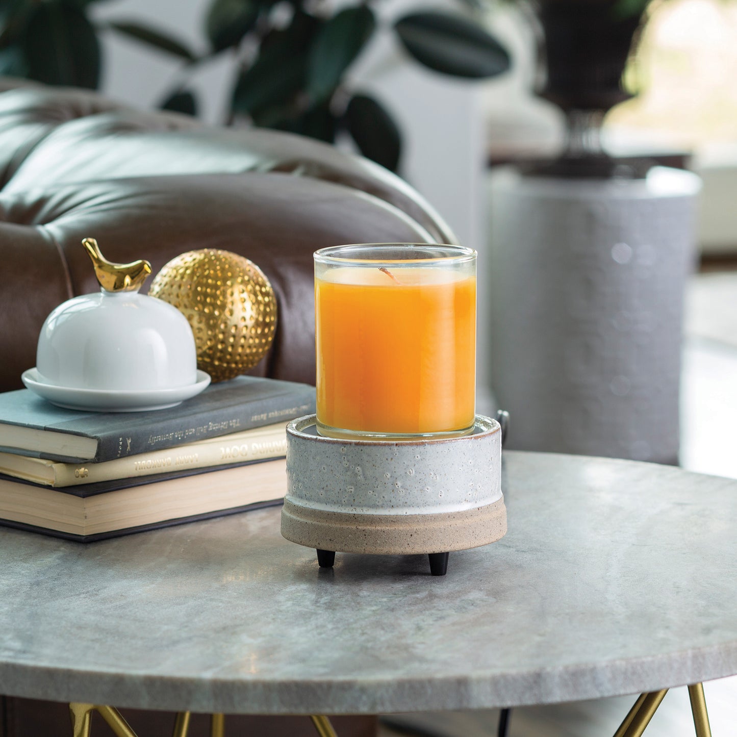 Rustic White: 2-in-1 Electric Wax Melt and Candle Warmer With an orange Candle | Happy Piranha
