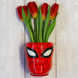 Marvel Spiderman Ceramic Wall Vase / Storage Organiser Hanging on a Wall with Red Tulip Flowers in | Happy Piranha
