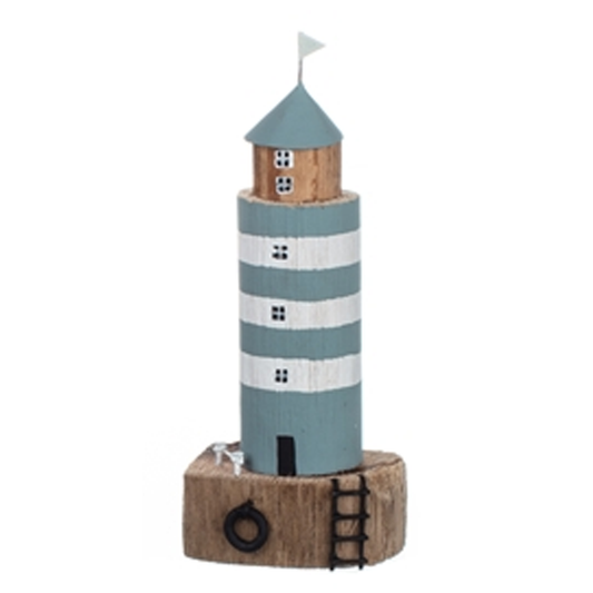Light Blue Striped Lighthouse Wooden Ornament | Happy Piranha