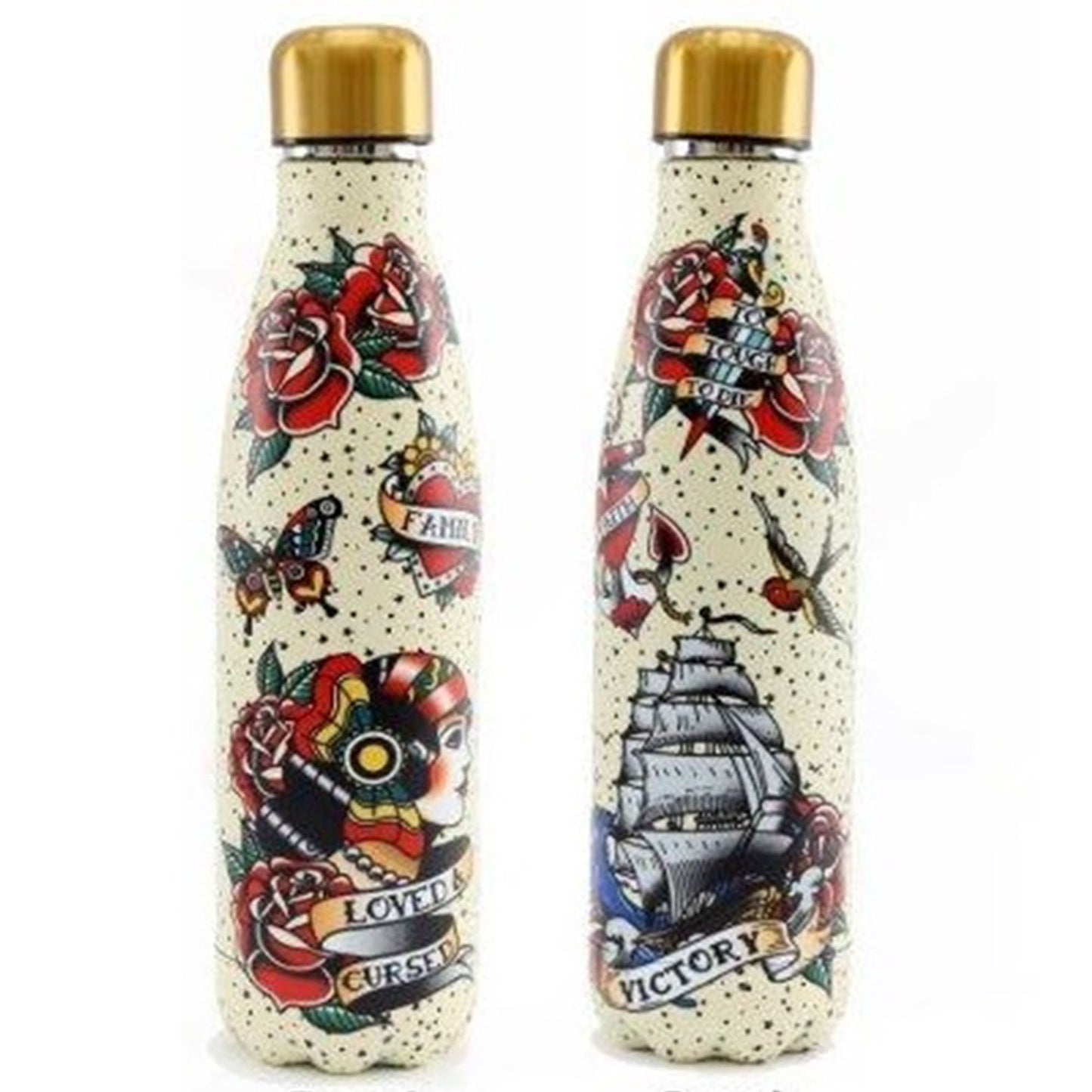 Tattoo Art Design Metal Screw Top Water Bottle (Front and Back Design) | Happy Piranha