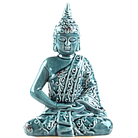 Teal Ceramic Crackled Buddha Statue Decoration | Happy Piranha