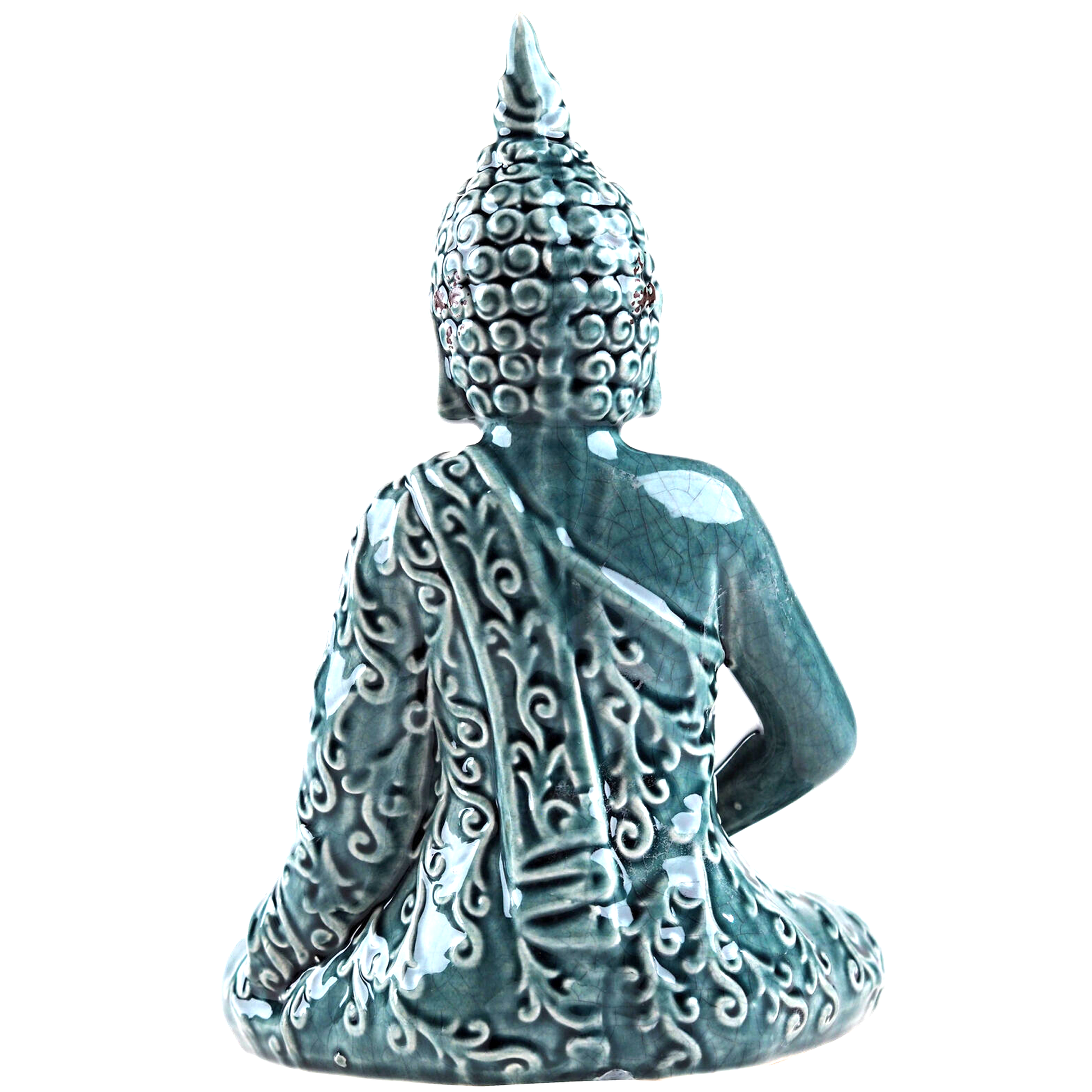 Teal Ceramic Crackled Buddha Statue Decoration (Back) | Happy Piranha