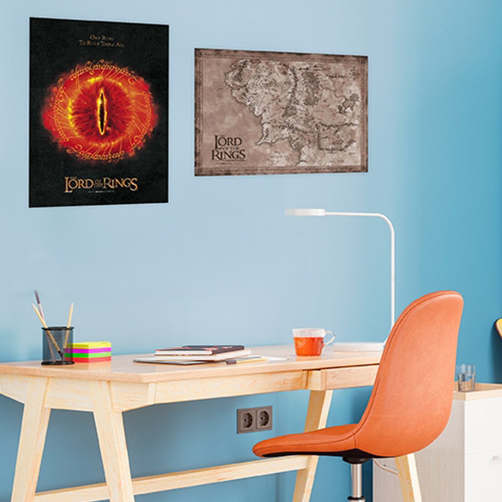The Lord of the Rings Middle Earth Map & Sauron Poster 2 Set on a Blue Wall | Happy Piranha