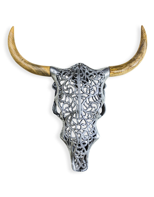 Aluminium and Wood Tribal Bison Skull Wall Art | Happy Piranha