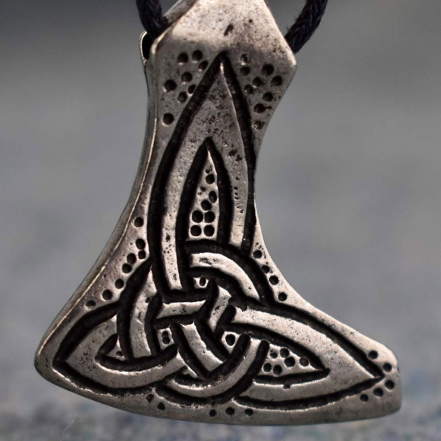Viking Axed Head Pewter Pendant Closeup Knotwork Design | Happy Piranha