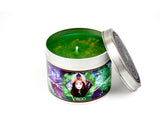 Virgo zodiac horoscope scented candle with lid off and green wax.