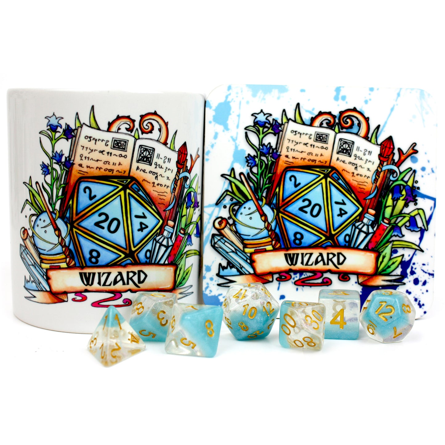 Dungeons and Dragons (DnD) Customisable Class Dice Mug & Coaster Set (Wizard) | Happy Piranha