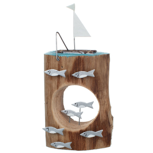 Yacht Fishing Raft on a Porthole Wooden Coastal Ornament | Happy Piranha